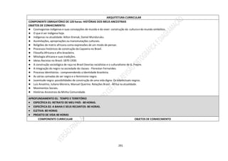 291
ARQUITETURA CURRICULAR
COMPONENTE OBRIGATÓRIO DE 120 horas: HISTÓRIAS DOS MEUS ANCESTRAIS
OBJETOS DE CONHECIMENTO:
● Cosmogonias indígenas e suas concepções de mundo e do viver: construção da cultura e do mundo simbólico.
● O que é ser indígena hoje.
● Indígenas na atualidade: Ailton Krenak, Daniel Munduruku.
● Assimilações, apropriações ou transmutações culturais.
● Religiões de matriz africana como expressões de um modo de pensar.
● Processos históricos de construção da Capoeira no Brasil.
● Filosofia Africana e afro-brasileira.
● Mitologia africana e suas tradições.
● Ideias Racistas no Brasil: 1870-1930.
● A construção sociológica de raça no Brasil (teorias racialistas e o culturalismo de G. Freyre.
● A integração do negro na sociedade de classes - Florestan Fernandes.
● Processo identitários - compreendendo a identidade brasileira.
● As várias camadas do ser negro e o feminismo negro.
● Juventude negra: possibilidades de construção de uma vida digna. Os Intelectuais negros.
● Luiz Anselmo, Juliano Moreira, Manuel Querino. Relações Brasil - África na atualidade.
● Movimentos Sociais.
● Histórias Ancestrais da Minha Comunidade.
APROFUNDAMENTO 01: TEMPO E TERRITÓRIO
 ESPECÍFICA 01: RETRATO DE MEU PAÍS - 80 HORAS.
 ESPECÍFICA 02: A BAHIA E SEUS RECANTOS- 80 HORAS.
 ELETIVA: 80 HORAS
 PROJETO DE VIDA 40 HORAS
COMPONENTE CURRICULAR OBJETOS DE CONHECIMENTO
 