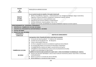 299
ELETIVA
80
HORAS
PRODUÇÃO DA UNIDADE ESCOLAR.
PROJETO
DE VIDA
40 HORAS
Eu no mundo (mundo do trabalho e formação intelectual):
 Minhas forças/Minhas fraquezas: o desenvolvimento das Inteligências Múltiplas (lógico-matemática,
linguística, corporal-sinestésica, intrapessoal, interpessoal, espacial, natural).
 Formação profissional e responsabilidade social.
 Experiências de economia solidária e cooperativismo.
 Escolhas individuais, impactos globais: o Ser e o Ter.
 Projetar-se no mundo: possibilidades de atuação profissional e ingresso no ensino superior.
APROFUNDAMENTO 02: SOCIEDADE E PENSAMENTO
 ESPECÍFICA 01: TAMBÉM SOU CULTURA- 80 HORAS.
 ESPECÍFICA 02: PENSAMENTOS CONTEMPORÂNEOS - 80 HORAS
 ELETIVA: 80 HORAS
 PROJETO DE VIDA: 40 HORAS
COMPONENTE
CURRICULAR
OBJETOS DE CONHECIMENTO
TAMBÉM SOU CULTURA
80 HORAS
A perspectiva crítico- filosófica da cultura como bem de consumo.
● O conceito de indústria cultural - T.H. Adorno e M. Horkheimer.
● A quebra da aura da obra de arte - W. Benjamim.
● O que é cultura para H. Marcuse.
● A crítica à cultura do conceito de sociedade do espetáculo de Gui Debord.
● Os conceitos de símbolo e de simulacro em Bourdieau e Baudrillard.
● A tradição filosófica idealista de Hegel e a proeminência do Espírito.
● A filosofia da cultura de Nietzsche (cultura como encantamento do mundo).
● A cultura como identidade em Max Scheler.
Os efeitos da reestruturação produtiva do capital sobre o ethos (mentalidade/ moralidade) pós- moderno.
● Autores que discutem identidade e cultura neste mundo de movimentos velozes: Stuart Hall e o conceitode
multiculturalismo.
● Nestor G, Canclini e o conceito de culturas híbridas.
● Michel Maffesoli e o conceito de tribos urbanas.
 