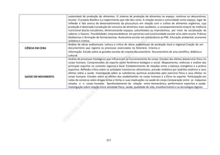 317
sustentável de produção de alimentos. O sistema de produção de alimentos no espaço, contínuo ou descontínuo,
escolar. O projeto Biosfera 2,o experimento que não deu certo. A relação escola e comunidade como espaço, lugar de
reflexão e fala acerca do desenvolvimento da piscicultura em relação com o cultivo de alimentos orgânicos, cuja
produção é destinada à produção de consumo de alimentos mais saudáveis, e consequentemente emprol da melhoria
nutricional dos/as estudantes, dimensionando espaços, subutilizados ou improdutivos, por meio da socialização de
saberes e fazeres. Possibilidades empreendedoras em parcerias com a comunidade escolar e/ou além escola. Práticas
biodiversas e formação de farmáciasvivas. Autonomia escolar em consonância ao PNE. Educação ambiental, economia
solidária e criativa.
CIÊNCIA EM CENA
Análise de obras audiovisuais. Leitura e crítica de obras audiovisuais de produção local e regional.Criação de um
documentário que registre os processos vivenciados no itinerário. Cinema e
informação. Estudo sobre as grandes escolas do cinema documentário. Documentário de arte,científico, didático e
cultural.
SAÚDE EM MOVIMENTO
Análise de processos fisiológicos que influenciam no funcionamento do corpo. Estudos dos efeitos doexercício físico no
corpo humano. Compreensões do esporte como fenômeno biológico e social. Mapeamento, vivências e análise dos
principais esportes no contexto regional e local. Estabelecimento de relações entre o balanço energético e a prática
esportiva. Reflexão crítica sobre os principais transtornos alimentares, pressão midiática por padrões estéticos e seus
efeitos sobre a saúde. Investigação sobre as substâncias químicas produzidas pelo exercício físico e seus efeitos no
corpo humano. Estudos sobre os efeitos dos anabolizantes no corpo humano e a Ética no esporte. Participação em
rodas de conversa sobre drogas lícitas e ilícitas e suas implicações na saúde do corpo.Comparação entre as máquinas
simples e o corpo humano. Aprofundamento da relação entre biomecânica, performance esportiva e saúde.
Investigação sobre relação entre atividade física, saúde, qualidade de vida, envelhecimento e as tecnologias digitais.
 