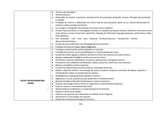 328
● Técnicas de montagem.
● Direitos autorais.
● Elaboração do projeto: orçamento, planejamento, pré-produção, produção, ensaios, filmagem,pós-produção
e exibição.
● Produção de roteiros e elaboração do roteiro final do documentário; plano de luz; oficina deexecução do
produto audiovisual (documentário).
● Luz, imagens e fotografia: desenhando com Artes, Física e Química.
● Os Neo-Impressionistas e a investigação científica no campo da produção artística; hibridismo: afronteira entre
artes cênicas e visuais através dos repertórios, diálogos em diferentes linguagens(textuais, performance, vídeo,
artes plásticas)
● Pós produção: criar Arte para Material Gráfico/Impressos Cartaz/Carta Convite
/Banner/Outdoor/Flyer.
● Criação de peça publicitária e de divulgação do documentário;
 Produção de texto em língua inglesa (legendas).
SAÚDE EM MOVIMENTO80
HORAS
● Fisiologia e anatomia dos tecidos conjuntivo e muscular.
● Fisiologia do Exercício, processos fisiológicos e o funcionamento do corpo.
● Estudo dos efeitos agudos e crônicos do exercício físico nos sistemas do corpo humano.
● Reação e adaptação fisiológica à prática de exercício físico.
● Hormônios e esportes (adrenalina, serotonina, testosterona, estrógeno e outros).
● A bioquímica dos alimentos (carboidratos, lipídios, proteínas, vitaminas e sais minerais).
● Balanço energético e prática esportiva.
● Transtornos alimentares (anorexia, bulimia, compulsão alimentar).
● Análise crítica da estética, comunicação de massa e práticas corporais (conceitos de beleza, oesporte e
influências das mídias na constituição de valores).
● Anabolizantes e doping (químico, genético e outros).
● Vigorexia e o uso de substâncias que aumentam o rendimento físico.
● Atuação da Agência Mundial Antidoping em eventos esportivos.
● Impactos das drogas lícitas e ilícitas no organismo e na performance esportiva.
● Esporte, valores e inclusão/exclusão social.
● Maximização do rendimento e a especialização do movimento.
● Esporte é sinônimo de saúde?
● Vivências de esportes mais relevantes no contexto local e regional.
● Biomecânica e a tecnologia nos esportes.
● Análise dos movimentos biológicos humanos.
 
