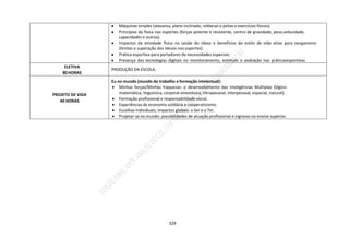 329
● Máquinas simples (alavanca, plano inclinado, roldanas e polias e exercícios físicos).
● Princípios da física nos esportes (forças potente e resistente, centro de gravidade, peso,velocidade,
capacidades e outros).
● Impactos da atividade física na saúde do idoso e benefícios do estilo de vida ativo para oorganismo
(limites e superação dos idosos nos esportes).
● Prática esportiva para portadores de necessidades especiais.
● Presença das tecnologias digitais no monitoramento, estímulo e avaliação nas práticasesportivas.
ELETIVA
80 HORAS
PRODUÇÃO DA ESCOLA.
PROJETO DE VIDA
40 HORAS
Eu no mundo (mundo do trabalho e formação intelectual):
 Minhas forças/Minhas fraquezas: o desenvolvimento das Inteligências Múltiplas (lógico-
matemática, linguística, corporal-sinestésica, intrapessoal, interpessoal, espacial, natural).
 Formação profissional e responsabilidade social.
 Experiências de economia solidária e cooperativismo.
 Escolhas individuais, impactos globais: o Ser e o Ter.
 Projetar-se no mundo: possibilidades de atuação profissional e ingresso no ensino superior.
 