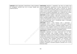 335
(EMIFCG03) Utilizar informações, conhecimentos e ideias resultantes
de investigações científicas para criar ou propor soluções para
problemas diversos.
(EMIFCHSA03) Selecionar e sistematizar, com base em estudos e/ou
pesquisas (bibliográfica, exploratória, de campo, experimental etc.) em
fontes confiáveis, informações sobre temas e processos de natureza
histórica, social, econômica, filosófica, política e/ou cultural, em âmbito local,
regional, nacional e/ou global, identificando os diversos pontos de vista e
posicionando-se mediante argumentação, com o cuidado de citar as fontes
dos recursos utilizados na pesquisa e buscando apresentar conclusões.
(EMIFLGG01) Investigar e analisar a organização, o funcionamento e/ou os
efeitos de sentido de enunciados e discursos materializados nas diversas
línguas e linguagens (imagens estáticas e em movimento; música; linguagens
corporais e do movimento, entre outras), situando- os no contexto de um ou
mais campos de atuação social e considerando dados e informações
disponíveis em diferentes mídias.
(EMIFLGG02) Levantar e testar hipóteses sobre a organização, o
funcionamento e/ou os efeitos de sentido de enunciados e discursos
materializados nas diversas línguas e linguagens (imagens estáticas e em
movimento; música; linguagens corporais e do movimento, entre outras),
situando-os no contexto de um ou mais campos de atuação social e utilizando
procedimentos e linguagens adequados à investigação científica.
(EMIFLGG03) Selecionar e sistematizar, com base em estudos e/ou pesquisas
(bibliográfica, exploratória, de campo, experimental etc.) em fontes
confiáveis, informações sobre português brasileiro, língua(s) e/ ou
linguagem(ns) específicas, visando fundamentar reflexões e hipóteses sobre
a organização, o funcionamento e/ou os efeitos de sentido de enunciados e
discursos materializados nas diversas línguas e linguagens (imagens estáticas
e em movimento; música; linguagens corporais e do movimento, entre
outras), identificando os diversos pontos de vista e posicionando-se
mediante argumentação, com o cuidado de citar as fontes dos recursos
utilizados na pesquisa e buscando apresentar conclusões com o uso de
diferentes mídias.
 