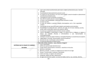 339
● Lazer como veículo (conhecimento pelo lazer) e objeto (conhecimento para o lazer)de
educação.
● Possibilidades de desenvolvimento pessoal e social.
● Os corpos em seus territórios e em seus entre-espaços: canais de atuação no planocultural
considerando produções locais.
● Concepções de corpo na filosofia e na história.
● Para além do capital cultural e corporal hegemônico.
● O corpo e suas possibilidades: a poesia de Paulo Leminski e o corpo.
● O corpo nas artes.
● O corpo do trabalho e possíveis relações emancipadoras com a livre capacidade
criadora.
● Contribuição do lazer para a formação integral e participação social voluntária.
● Possibilidades de práticas de lazer: vivências com yoga, tai chi chuan, biodança, jiu-jitsu,
karatê, judô e outras lutas, danças e/ou esportes radicais.
● O corpo que se movimenta pelos territórios de lazer na Bahia.
● Cultura, identidade e corporeidade: os jogos e as danças entre os indígenas, os jogose as
danças nas tradições africanas e afro-brasileiras e suas representações na
contemporaneidade.
● Vivências e estudo das origens históricas, concepções filosóficas e características da capoeira.
● Capoeiragem e maculelê: representações culturais brasileiras?
● O samba de roda: manifestação cultural da Bahia.
● O corpo que dança para os deuses outros.
HISTÓRIAS QUE EU ESQUECI DE LEMBRAR
80 HORAS
Onde estão minhas memórias - vozes, histórias e imagens?
● O que é identidade?
● Análises da representação identitária local.
● O lugar de fala: pertencimento e memórias - estudo de si e do outro.
● Memória e identidade.
● Memória na família - as vozes e os registros de um povo em seu lugar.
● Tempo e Transformação: mudanças e identidades.
● O devir do tempo, os registros das lembranças.
● Fotografias, objetos de afeto, depoimentos.
● Os lugares de memória x poder: os nomes de cidades, bairros, ruas, avenidas, distritos,
 