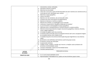 340
monumentos, escolas, instituições.
● Patrimônio material e imaterial.
● Memórias da comunidade:
● Leitura de si e do outro a partir do filme Narradores de Javé: memória oral, memória escrita, a
construção do herói, identidade, povo, coletivo.
● Memórias e espaço geográfico.
● Cultura e território.
● Memória oral: dos cantadores, dos escritores de cordéis.
● A história oral como construção de narrativa histórica.
● Memória na literatura e memória na história.
● Memória dos símbolos, sua significação social e evolução.
● Lembrança e esquecimento: ato político deliberado ou escolhas?
● O uso da memória na demarcação de espaços geográficos.
● Diferenças entre a memória histórica e memória literária e o estudo científico.
● Memória institucional e memória marginal: documentos geográficos, históricos, literários,
causos, adágios populares).
● A mutação do espaço a partir das memórias.
● A memória como construção social na produção territorial, bem como a atuação de imagens
de memórias coletivas como trabalho social.
● A memória enquanto instrumento de dominação de grupos hegemônicos e seus diversos
atores.
● As memórias como definidoras de fronteiras a partir dos grupos sociais.
● A memória a serviço das instituições.
● Escolonizando memórias.
● Conflitos sociais, conflitos e tensões que marcam as relações sociais produtoras de
territórios e territorialidades sociais.
● Território e Identidade: mapas da territorialidade baiana.
● Território e pertencimento.
ELETIVA
80 HORAS
PRODUÇÃO DA ESCOLA.
PROJETO DE VIDA  Eu e o outro (responsabilidade social):
 Representações e Identidades do eu, sujeito, em meus territórios: grupo e raízes.
 