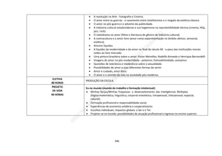 346
 A revolução na Arte - Fotografia e Cinema.
 O amor entre as guerras - o casamento entre totalitarismo e o resgate da estética clássica.
 O amor no pós-guerra e o advento da publicidade.
 A indústria cultural estadunidense e sua hegemonia na reprodutibilidade técnica (cinema, HQs,
jazz, rock).
 O melodrama no amor (filme e literatura de gênero da indústria cultural).
 A contracultura e o amor livre (amor como experimentação no âmbito afetivo, sensorial,
estético).
 Amores líquidos
 A liquidez da modernidade e do amor no final do século XX - o peso das instituições morais
cedeu ao livre mercado.
 Uma pintura brasileira sobre o amor: Victor Meirelles, Rodolfo Amoedo e Henrique Bernardelli.
 Imagens do amor na pós-modernidade - poliamor, homoafetividade, autoamor.
 Questões de tolerância e intolerância sobre a sexualidade.
 Possibilidades de amor e suas diferentes formas do sentir.
 Amor e cuidado, amor ético.
 O amor e o sentido da vida na sociedade pós-moderna.
ELETIVA
80 HORAS
PRODUÇÃO DA ESCOLA.
PROJETO
DE VIDA
40 HORAS
Eu no mundo (mundo do trabalho e formação intelectual):
 Minhas forças/Minhas fraquezas: o desenvolvimento das Inteligências Múltiplas
(lógico-matemática, linguística, corporal-sinestésica, intrapessoal, interpessoal, espacial,
natural).
 Formação profissional e responsabilidade social.
 Experiências de economia solidária e cooperativismo.
 Escolhas individuais, impactos globais: o Ser e o Ter.
 Projetar-se no mundo: possibilidades de atuação profissional e ingresso no ensino superior.
 