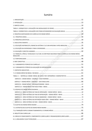 Sumário
1. APRESENTAÇÃO .......................................................................................................................................11
2. INTRODUÇÃO ..........................................................................................................................................13
3. MARCOS LEGAIS.......................................................................................................................................16
TABELA 1. NORMATIVOS E LEGISLAÇÕES DAS MODALIDADES DE ENSINO ................................................................29
TABELA 2. NORMATIVOS E LEGISLAÇÕES DOS TEMAS INTEGRADORES DA EDUCAÇÃO BÁSICA. .....................................31
4. PRINCÍPIOS NORTEADORES DO CURRÍCULO DO ENSINO MÉDIO .........................................................................34
4.1. PRINCÍPIOS GERAIS.................................................................................................................................34
4.2.PRINCÍPIOS ESPECÍFICOS ..........................................................................................................................34
5. EIXOS ESTRUTURANTES .............................................................................................................................35
5.1.EDUCAÇÃO ANTIRRACISTA, ENSINO DA HISTÓRIA E CULTURA AFRICANA E AFRO-BRASILEIRA .................................35
5.2.EDUCAÇÃO NA DIVERSIDADE E PARA A DIVERSIDADE.....................................................................................39
5.3.EDUCAÇÃO E DIREITOS HUMANOS.............................................................................................................42
5.4.TRABALHO, CIÊNCIA, TECNOLOGIA E CULTURA: AS DIRETRIZES NACIONAIS PARA O CURRÍCULO DO ENSINO MÉDIO
BRASILEIRO ................................................................................................................................................44
5.5.TERRITORIALIDADE .................................................................................................................................46
6. BASE CONCEITUAL....................................................................................................................................48
6.1. FUNDAMENTOS TEÓRICOS DO CURRÍCULO .................................................................................................51
6.2. FUNDAMENTOS TEÓRICOS DA AVALIAÇÃO DA APRENDIZAGEM.......................................................................56
7. CONTEXTOS INDICATIVOS ..........................................................................................................................61
7.1.O ENSINO MÉDIO NO BRASIL E NA BAHIA ....................................................................................................61
TABELA 2 – MATRÍCULA ENSINO MÉDIO NA BAHIA POR DEPENDÊNCIA ADMINISTRATIVA ...................................65
GRÁFICO 6 – ENSINO MÉDIO - COR/RAÇA – SEXO FEMININO.............................................................................66
GRÁFICO 7 –ENSINO MÉDIO - COR/RAÇA – SEXO MASCULINO ...........................................................................66
GRÁFICO 8 – ENSINO MÉDIO - COR/RAÇA/FEMININO - BAHIA ............................................................................................67
GRÁFICO 10 – ENSINO MÉDIO POR FAIXA ETÁRIA – BRASIL.................................................................................................68
7.2.DESAFIOS DO ENSINO MÉDIO NA BAHIA......................................................................................................69
GRÁFICO 12 – SÉRIE HISTÓRICA DA TAXA DE APROVAÇÃO – ENSINO MÉDIO - BAHIA.........................................................69
GRÁFICO 13 – SÉRIE HISTÓRICA DA TAXA DE REPROVAÇÃO – ENSINO MÉDIO - BAHIA.......................................................70
GRÁFICO 14 – SÉRIE HISTÓRICA DA TAXA DE ABANDONO – ENSINO MÉDIO - BAHIA..........................................................70
GRÁFICO 15 – SÉRIE HISTÓRICA DA DISTORÇÃO IDADE-SÉRIE – ENSINO MÉDIO – BAHIA ...................................................71
GRÁFICO 16 – SÉRIE HISTÓRICA DO IDEB – ENSINO MÉDIO - BAHIA....................................................................................72
7.3.SUJEITOS DO ENSINO MÉDIO BAIANO.........................................................................................................74
7.3.1.RETRATOS DOS SUJEITOS DO ENSINO MÉDIO BAIANO ..................................................................................75
7.3.2.TRANSIÇÃO ENTRE O ENSINO FUNDAMENTAL E O ENSINO MÉDIO..................................................................81
8. ARQUITETURA CURRICULAR .......................................................................................................................86
8.1.ÁREAS DE CONHECIMENTO, COMPONENTES CURRICULARES E ORGANIZADORESCURRICULARES.............................87
8.1.1.LINGUAGENS E SUAS TECNOLOGIAS .........................................................................................................87
 