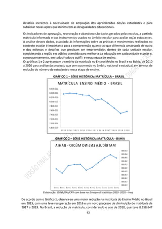 62
desafios inerentes à necessidade de ampliação dos aprendizados dos/as estudantes e para
subsidiar novas ações que minimizem as desigualdades educacionais.
Os indicadores de aprovação, reprovação e abandono são dados gerados pelas escolas, a partirda
matrícula informada e dos instrumentos usados no âmbito escolar para avaliar os/as estudantes.
A análise desses dados, associada às informações sobre as práticas e movimentos realizados no
contexto escolar é importante para a compreensão quanto ao que diferencia umaescola de outra
e dos esforços e desafios que precisam ser empreendidos dentro de cada unidade escolar,
considerando a região e o público atendido para melhoria da educação em cadaunidade escolar e,
consequentemente, em todas (todas o quê?) e nessa etapa de ensino.
Os gráficos 1 e 2 apresentam o cenário da matrícula no Ensino Médio no Brasil e na Bahia, de 2010
a 2020 para análise do processo que vem ocorrendo no âmbito nacional e estadual, em termos de
redução do número de estudantes nessa etapa de ensino.
GRÁFICO 1 – SÉRIE HISTÓRICA: MATRÍCULA – BRASIL
GRÁFICO 2 – SÉRIE HISTÓRICA: MATRÍCULA - BAHIA
Elaboração: SGINF/DAI/CAV com base nas Sinopses Estatísticas 2010- 2020 – Inep
De acordo com o Gráfico 1, observa-se uma maior redução na matrícula do Ensino Médio no Brasil
em 2015, com uma leve recuperação em 2016 e um novo processo de diminuição de matrícula de
2017 a 2019. No Brasil, a redução de matrícula, considerando o ano de 2010, que teve 8.358.647
 