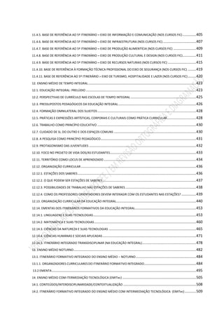 11.4.5. BASE DE REFERÊNCIA AO 5º ITINERÁRIO – EIXO DE INFORMAÇÃO E COMUNICAÇÃO (NOS CURSOS FIC).............405
11.4.6. BASE DE REFERÊNCIA AO 5º ITINERÁRIO – EIXO DE INFRAESTRUTURA (NOS CURSOS FIC)................................407
11.4.7. BASE DE REFERÊNCIA AO 5º ITINERÁRIO – EIXO DE PRODUÇÃO ALIMENTÍCIA (NOS CURSOS FIC) ......................409
11.4.8. BASE DE REFERÊNCIA AO 5º ITINERÁRIO – EIXO DE PRODUÇÃO CULTURAL E DESIGN (NOS CURSOS FIC).............411
11.4.9. BASE DE REFERÊNCIA AO 5º ITINERÁRIO – EIXO DE RECURSOS NATURAIS (NOS CURSOS FIC) ...........................415
11.4.10. BASE DE REFERÊNCIA À FORMAÇÃO TÉCNICA PROFISSIONAL DO EIXO DE SEGURANÇA (NOS CURSOS FIC) ........419
11.4.11. BASE DE REFERÊNCIA AO 5º ITINERÁRIO – EIXO DE TURISMO, HOSPITALIDADE E LAZER (NOS CURSOS FIC)........420
12. ENSINO MÉDIO DE TEMPO INTEGRAL........................................................................................................423
12.1. EDUCAÇÃO INTEGRAL: PRELÚDIO ..........................................................................................................423
12.2. PERSPECTIVAS DE CURRÍCULO NAS ESCOLAS DE TEMPO INTEGRAL ...............................................................425
12.3. PRESSUPOSTOS PEDAGÓGICOS DA EDUCAÇÃO INTEGRAL...........................................................................426
12.4. FORMAÇÃO OMNILATERAL DOS SUJEITOS...............................................................................................428
12.5. PRÁTICAS E EXPRESSÕES ARTÍSTICAS, CORPORAIS E CULTURAIS COMO PRÁTICA CURRICULAR............................428
12.6. TRABALHO COMO PRINCÍPIO EDUCATIVO ...............................................................................................430
12.7. CUIDADO DE SI, DO OUTRO E DOS ESPAÇOS COMUNS ...............................................................................430
12.8. A PESQUISA COMO PRINCÍPIO PEDAGÓGICO............................................................................................431
12.9. PROTAGONISMO DAS JUVENTUDES .......................................................................................................432
12.10. FOCO NO PROJETO DE VIDA DOS/AS ESTUDANTES...................................................................................433
12.11. TERRITÓRIO COMO LOCUS DE APRENDIZADO .........................................................................................434
12.12. ORGANIZAÇÃO CURRICULAR...............................................................................................................436
12.12.1. ESTAÇÕES DOS SABERES..................................................................................................................436
12.12.2. O QUE PODEM SER ESTAÇÕES DE SABERES..........................................................................................437
12.12.3. POSSIBILIDADES DE TRABALHO NAS ESTAÇÕES DE SABERES ....................................................................438
12.12.4. COMO OS PROFESSORES ORIENTADORES DEVEM INTERAGIR COM OS ESTUDANTES NAS ESTAÇÕES? ..............439
12.13. ORGANIZAÇÃO CURRICULAR DA EDUCAÇÃO INTEGRAL.............................................................................440
12.14. EMENTAS DOS ITINERÁRIOS FORMATIVOS DA EDUCAÇÃO INTEGRAL...........................................................453
12.14.1. LINGUAGENS E SUAS TECNOLOGIAS...................................................................................................453
12.14.2. MATEMÁTICA E SUAS TECNOLOGIAS..................................................................................................460
12.14.3. CIÊNCIAS DA NATUREZA E SUAS TECNOLOGIAS ....................................................................................465
12.14.4. CIÊNCIAS HUMANAS E SOCIAIS APLICADAS ..........................................................................................471
12.14.5. ITINERÁRIO INTEGRADO TRANSDISCIPLINAR (NA EDUCAÇÃO INTEGRAL)....................................................478
13. ENSINO MÉDIO NOTURNO......................................................................................................................482
13.1. ITINERÁRIO FORMATIVO INTEGRADO DO ENSINO MÉDIO – NOTURNO..........................................................484
13.1.1. ORGANIZADORES CURRICULARES DO ITINERÁRIO FORMATIVO INTEGRADO..................................................484
13.2 EMENTA...........................................................................................................................................495
14. ENSINO MÉDIO COM ITERMEDIAÇÃO TECNOLÓGICA (EMITec) .......................................................................505
14.1. CONTEÚDOS/INTERDISCIPLINARIDADE/CONTEXTUALIZAÇÃO ......................................................................508
14.2. ITINERÁRIO FORMATIVO INTEGRADO DO ENSINO MÉDIO COM INTERMEDIAÇÃO TECNOLÓGICA (EMITec)...........509
 