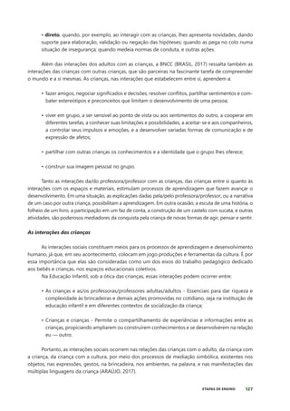 127
ETAPAS DE ENSINO
• direto, quando, por exemplo, ao interagir com as crianças, lhes apresenta novidades, dando
suporte para elaboração, validação ou negação das hipóteses; quando as pega no colo numa
situação de insegurança; quando medeia normas de conduta, e outras ações.
Além das interações dos adultos com as crianças, a BNCC (BRASIL, 2017) ressalta também as
interações das crianças com outras crianças, que são parceiras na fascinante tarefa de compreender
o mundo e a si mesmas. As crianças, nas interações que estabelecem entre si, aprendem a:
• fazer amigos, negociar significados e decisões, resolver conflitos, partilhar sentimentos e com-
bater estereótipos e preconceitos que limitam o desenvolvimento de uma pessoa;
• viver em grupo, a ser sensível ao ponto de vista ou aos sentimentos do outro, a cooperar em
diferentes tarefas, a conhecer suas limitações e possibilidades, a aceitar-se e aos companheiros,
a controlar seus impulsos e emoções, e a desenvolver variadas formas de comunicação e de
expressão de afetos;
• partilhar com outras crianças os conhecimentos e a identidade que o grupo lhes oferece;
• construir sua imagem pessoal no grupo.
Tanto as interações da/do professora/professor com as crianças, das crianças entre si quanto às
interações com os espaços e materiais, estimulam processos de aprendizagem que fazem avançar o
desenvolvimento. Em uma situação, as explicações dadas pela/pelo professora/professor, ou a narrativa
de um caso por outra criança, possibilitam a aprendizagem. Em outra ocasião, a escuta de uma história, o
folheio de um livro, a participação em um faz de conta, a construção de um castelo com sucata, e outras
atividades, são poderosos mediadores da conquista pela criança de novas formas de agir, pensar e sentir.
As interações das crianças
As interações sociais constituem meios para os processos de aprendizagem e desenvolvimento
humano, já que, em seu acontecimento, colocam em jogo produções e ferramentas da cultura. É por
essa importância que elas são consideradas como um dos eixos do trabalho pedagógico dedicado
aos bebês e crianças, nos espaços educacionais coletivos.
Na Educação Infantil, sob a ótica das crianças, essas interações podem ocorrer entre:
• As crianças e as/os professoras/professores adultas/adultos - Essenciais para dar riqueza e
complexidade às brincadeiras e demais ações promovidas no cotidiano, seja na instituição de
educação infantil e em diferentes contextos de socialização da criança;
• Crianças e crianças - Permite o compartilhamento de experiências e informações entre as
crianças, propiciando ampliarem ou construírem conhecimentos e se desenvolverem na relação
eu — outro.
Portanto, as interações sociais ocorrem nas relações das crianças com o adulto, da criança com
a criança, da criança com a cultura, por meio dos processos de mediação simbólica, existentes nos
objetos, nas expressões, gestos, na brincadeira, nos ambientes, na palavra, e nas manifestações das
múltiplas linguagens da criança (ARAÚJO, 2017).
 