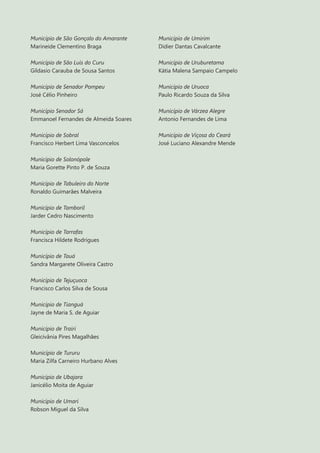 15
Município de São Gonçalo do Amarante
Marineide Clementino Braga
Município de São Luís do Curu
Gildasio Carauba de Sousa Santos
Município de Senador Pompeu
José Célio Pinheiro
Município Senador Sá
Emmanoel Fernandes de Almeida Soares
Município de Sobral
Francisco Herbert Lima Vasconcelos
Município de Solonópole
Maria Gorette Pinto P. de Souza
Município de Tabuleiro do Norte
Ronaldo Guimarães Malveira
Município de Tamboril
Jarder Cedro Nascimento
Município de Tarrafas
Francisca Hildete Rodrigues
Município de Tauá
Sandra Margarete Oliveira Castro
Município de Tejuçuoca
Francisco Carlos Silva de Sousa
Município de Tianguá
Jayne de Maria S. de Aguiar
Município de Trairi
Gleicivânia Pires Magalhães
Município de Tururu
Maria Zilfa Carneiro Hurbano Alves
Município de Ubajara
Janicélio Moita de Aguiar
Município de Umari
Robson Miguel da Silva
Município de Umirim
Didier Dantas Cavalcante
Município de Uruburetama
Kátia Malena Sampaio Campelo
Município de Uruoca
Paulo Ricardo Souza da Silva
Município de Várzea Alegre
Antonio Fernandes de Lima
Município de Viçosa do Ceará
José Luciano Alexandre Mende
 