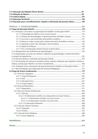 17
3.11 Educação das Relações Étnico-Raciais.................................................................................. 97
3.12 Relações de Gênero................................................................................................................ 99
3.13 Cultura Digital......................................................................................................................... 101
3.14 Educação Territorial................................................................................................................ 103
3.15 Educação para o envelhecimento, respeito e valorização das pessoas idosas................. 104
PARTE IV | 4 - ETAPAS DE ENSINO..............................................................................................................................109
4.1 Etapa da Educação Infantil...................................................................................................... 110
4.1.1 Principios curriculares na organização do trabalho na educação infantil.................................114
4.1.1.1 Diversidade de infância e suas muita crianças.....................................................................114
4.1.1.2 Direitos de Aprendizagem e desenvolvimento de bebês crianças...............................115
4.1.1.3 Currículo e suas dimensões ética política e estética..........................................................121
4.1.1.4 Educar e cuidar na educação e desenvolvimento de bebês e crianças......................124
4.1.1.5 Aprender a partir das interações e da brincadeira.............................................................125
4.1.1.6 Papel do Professor...........................................................................................................................134
4.1.1.7 Por uma Educação Infantil inclusiva e democrática...........................................................137
4.1.2 Planejamento dos Ambientes de Aprendizagem................................................................................139
4.1.3 Organização curricular por direitos e objetivos de aprendizagem e desenvolvimento
e campos de experiências.......................................................................................................................................142
4.1.4 Parceria famílias e instituição de Educação Infantil............................................................................162
4.1.5 As transições da criança no contexto escolar: práticas cotidianas que respeitam o direito à
infância na Educação Infantil e no Ensino Fundamental.............................................................................166
4.1.6 Avaliação como instrumento de aprimoramento do trabalho na Educação Infantil...........171
4.1.7 Recomendações para Elaboração da Proposta Pedagógica...........................................................174
4.2 Etapa do Ensino Fundamental................................................................................................. 177
4.2.1 Área de Linguagens..................................................................................................................................179
4.2.1.1 Língua Portuguesa...........................................................................................................................183
4.2.1.2 Arte........................................................................................................................................................301
4.2.1.3 Educação Física.................................................................................................................................327
4.2.1.4 Língua Inglesa...................................................................................................................................347
4.2.2 Área de Matemática.................................................................................................................................371
4.2.2.1 Matemática.........................................................................................................................................371
4.2.3 Área de Ciências da Natureza...............................................................................................................459
4.2.3.1 Ciências................................................................................................................................................459
4.2.3.1.1 O letramento científico no componente curricular Ciências................................. 464
4.2.3.1.1.1 O letramento científico nos anos iniciais............................................................ 466
4.2.3.1.1.2 O letramento científico nos anos finais............................................................... 467
4.3.2.1.2 A Educação Ambiental.........................................................................................................468
4.2.4. Área de Ciências Humanas...................................................................................................................496
4.2.4.1 Geografia.............................................................................................................................................501
4.2.4.2 História.................................................................................................................................................535
4.2.5. Área de Ensino Religioso.......................................................................................................................584
4.2.5.1 Ensino Religioso................................................................................................................................585
REFERÊNCIAS....................................................................................................................................601
SIGLAS...............................................................................................................................................612
 