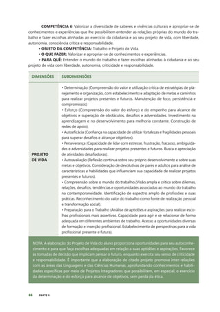 66 PARTE II
COMPETÊNCIA 6: Valorizar a diversidade de saberes e vivências culturais e apropriar-se de
conhecimentos e experiências que lhe possibilitem entender as relações próprias do mundo do tra-
balho e fazer escolhas alinhadas ao exercício da cidadania e ao seu projeto de vida, com liberdade,
autonomia, consciência crítica e responsabilidade.
• OBJETO DA COMPETÊNCIA: Trabalho e Projeto de Vida.
• O QUE FAZER: Valorizar e apropriar-se de conhecimentos e experiências.
• PARA QUÊ: Entender o mundo do trabalho e fazer escolhas alinhadas à cidadania e ao seu
projeto de vida com liberdade, autonomia, criticidade e responsabilidade.
DIMENSÕES SUBDIMENSÕES
PROJETO
DE VIDA
• Determinação (Compreensão do valor e utilização crítica de estratégias de pla-
nejamento e organização, com estabelecimento e adaptação de metas e caminhos
para realizar projetos presentes e futuros. Manutenção de foco, persistência e
compromissos)
• Esforço (Compreensão do valor do esforço e do empenho para alcance de
objetivos e superação de obstáculos, desafios e adversidades. Investimento na
aprendizagem e no desenvolvimento para melhoria constante. Construção de
redes de apoio).
• Autoeficácia (Confiança na capacidade de utilizar fortalezas e fragilidades pessoais
para superar desafios e alcançar objetivos).
• Perseverança (Capacidade de lidar com estresse, frustração, fracasso, ambiguida-
des e adversidades para realizar projetos presentes e futuros. Busca e apreciação
de atividades desafiadoras).
• Autoavaliação (Reflexão contínua sobre seu próprio desenvolvimento e sobre suas
metas e objetivos. Consideração de devolutivas de pares e adultos para análise de
características e habilidades que influenciam sua capacidade de realizar projetos
presentes e futuros).
• Compreensão sobre o mundo do trabalho (Visão ampla e crítica sobre dilemas,
relações, desafios, tendências e oportunidades associadas ao mundo do trabalho
na contemporaneidade. Identificação de espectro amplo de profissões e suas
práticas. Reconhecimento do valor do trabalho como fonte de realização pessoal
e transformação social).
• Preparação para o Trabalho (Análise de aptidões e aspirações para realizar esco-
lhas profissionais mais assertivas. Capacidade para agir e se relacionar de forma
adequada em diferentes ambientes de trabalho. Acesso a oportunidades diversas
de formação e inserção profissional. Estabelecimento de perspectivas para a vida
profissional presente e futura).
NOTA: A elaboração do Projeto de Vida do aluno proporciona oportunidades para seu autoconhe-
cimento e para que faça escolhas adequadas em relação a suas aptidões e aspirações. Favorece
às tomadas de decisão que implicam pensar o futuro, enquanto exercita seu senso de criticidade
e responsabilidade. É importante que a elaboração do citado projeto promova inter-relações
com as áreas das Linguagens e das Ciências Humanas, aprofundando conhecimentos e habili-
dades específicas por meio de Projetos Integradores que possibilitem, em especial, o exercício
da determinação e do esforço para alcance de objetivos, sem perda da ética.
 