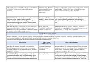 inflação, entre outros), investigando os processos de cálculo desses
números, para analisar criticamente a realidade e produzir
argumentos.
números racionais. Modelos e
problemas usando grandezas
direta (e inversamente)
proporcionais.
científica ou socioeconômica expressas como frações, números decimais
ou porcentagens. Grandezas direta ou inversamente proporcionais.
Regras operacionais envolvendo razões e proporções.
(EM13MAT105) Utilizar as noções de transformações isométricas
(translação, reflexão, rotação e composições destas) e
transformações homotéticas para construir figuras e analisar
elementos da natureza e diferentes produções humanas (fractais,
construções civis, obras de arte, entre outras).
Conceitos, significados, usos,
grandezas e medidas dos objetos
geométricos.
Noções de distância e ângulo. Paralelismo e perpendicularidade no
plano. Isometrias no plano: congruência de figuras geométricas.
Homotetias no plano: semelhança de figuras geométricas. Teorema de
Tales.
(EM13MAT106) Identificar situações da vida cotidiana nas quais
seja necessário fazer escolhas levando-se em conta os riscos
probabilísticos (usar este ou aquele método contraceptivo, optar por
um tratamento médico em detrimento de outro etc.).
Noções intuitivas de
Probabilidade. Relações entre
contagem e probabilidade.
Probabilidade em contextos cotidianos, científicos e tecnológicos.
Modelos de distribuição de probabilidade explorando a noção intuitiva
de probabilidade e as relações com a Combinatória.
COMPETÊNCIA ESPECÍFICA 2
Propor ou participar de ações para investigar desafios do mundo contemporâneo e tomar decisões éticas e socialmente responsáveis, com base na análise de problemas sociais,
como os voltados a situações de saúde, sustentabilidade, das implicações da tecnologia no mundo do trabalho, entre
outros, mobilizando e articulando conceitos, procedimentos e linguagens próprias da Matemática.
HABILIDADE OBJETOS DE
CONHECIMENTO
OBJETOS ESPECÍFICOS
(EM13MAT201) Propor ou participar de ações adequadas às
demandas da região, preferencialmente para sua comunidade,
envolvendo medições e cálculos de perímetro, de área, de volume,
de capacidade ou de massa.
Geometria e as dimensões
lineares, superficiais e
volumétricas.
Modelos e problemas em contextos científicos e cotidianos envolvendo
medidas geométricas (perímetros, áreas, volumes, massas e densidades;
fluxos e vazões). Relações entre medidas geométricas obtidas por
inscrição e circunscrição de figuras espaciais.
(EM13MAT202) Planejar e executar pesquisa amostral sobre
questões relevantes, usando dados coletados diretamente ou em
diferentes fontes, e comunicar os resultados por meio de relatório
contendo gráficos e interpretação das medidas de tendência central
Estatística Descritiva. Planejamento e execução de pesquisas amostrais em diversos domínios
cotidianos, sociais e econômicos. Resolução de problema com dados
apresentados em tabelas ou gráficos. Distribuição de frequência. Gráfico
de frequência. Frequência absoluta, frequência relativa e frequências
 