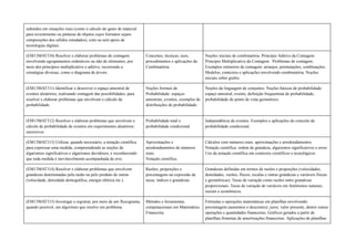 redondos em situações reais (como o cálculo do gasto de material
para revestimento ou pinturas de objetos cujos formatos sejam
composições dos sólidos estudados), com ou sem apoio de
tecnologias digitais.
(EM13MAT310) Resolver e elaborar problemas de contagem
envolvendo agrupamentos ordenáveis ou não de elementos, por
meio dos princípios multiplicativo e aditivo, recorrendo a
estratégias diversas, como o diagrama de árvore.
Conceitos, técnicas, usos,
procedimentos e aplicações da
Combinatória.
Noções iniciais de combinatória. Princípio Aditivo da Contagem.
Princípio Multiplicativo da Contagem. Problemas de contagem.
Exemplos rotineiros de contagem: arranjos, permutações, combinações.
Modelos, contextos e aplicações envolvendo combinatória. Noções
iniciais sobre grafos.
(EM13MAT311) Identificar e descrever o espaço amostral de
eventos aleatórios, realizando contagem das possibilidades, para
resolver e elaborar problemas que envolvem o cálculo da
probabilidade.
Noções formais de
Probabilidade: espaços
amostrais, eventos, exemplos de
distribuições de probabilidade.
Noções da linguagem de conjuntos. Noções básicas de probabilidade:
espaço amostral, evento, definição frequentista de probabilidade,
probabilidade do ponto de vista geométrico.
(EM13MAT312) Resolver e elaborar problemas que envolvem o
cálculo de probabilidade de eventos em experimentos aleatórios
sucessivos
Probabilidade total e
probabilidade condicional.
Independência de eventos. Exemplos e aplicações do conceito de
probabilidade condicional.
(EM13MAT313) Utilizar, quando necessário, a notação científica
para expressar uma medida, compreendendo as noções de
algarismos significativos e algarismos duvidosos, e reconhecendo
que toda medida é inevitavelmente acompanhada de erro.
Aproximações e
arredondamentos de números
reais.
Notação científica.
Cálculos com números reais: aproximações e arredondamentos.
Notação científica: ordem de grandeza, algarismos significativos e erros.
Uso da notação científica em contextos científicos e tecnológicos.
(EM13MAT314) Resolver e elaborar problemas que envolvem
grandezas determinadas pela razão ou pelo produto de outras
(velocidade, densidade demográfica, energia elétrica etc.).
Razões, proporções e
porcentagens na expressão de
taxas, índices e grandezas.
Grandezas definidas em termos de razões e proporções (velocidades,
densidades, vazões, fluxos, escalas e outras grandezas e variáveis físicas
e geométricas). Taxas de variação como razões entre grandezas
proporcionais. Taxas de variação de variáveis em fenômenos naturais,
sociais e econômicos.
(EM13MAT315) Investigar e registrar, por meio de um fluxograma,
quando possível, um algoritmo que resolve um problema.
Métodos e ferramentas
computacionais em Matemática
Financeira.
Fórmulas e operações matemáticas em planilhas envolvendo:
porcentagem (aumentos e descontos); juros; valor presente, dentre outras
operações e quantidades financeiras. Gráficos gerados a partir de
planilhas.Sistemas de amortizações financeiras. Aplicações de planilhas
 