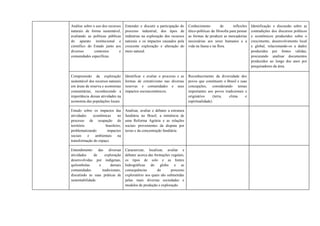 Análise sobre o uso dos recursos
naturais de forma sustentável,
avaliando as políticas públicas
do aparato institucional e
científico do Estado junto aos
diversos contextos e
comunidades específicas.
Entender e discutir a participação do
processo industrial, dos tipos de
indústrias na exploração dos recursos
naturais e os impactos causados pela
crescente exploração e alteração do
meio natural.
Conhecimento de reflexões
ético-políticas da filosofia para pensar
as formas de produzir as mercadorias
necessárias aos seres humanos e a
vida na fauna e na flora.
Identificação e discussão sobre as
contradições dos discursos políticos
e econômicos produzidos sobre o
crescimento, desenvolvimento local
e global, relacionando-os a dados
produzidos por fontes válidas,
procurando analisar documentos
produzidos ao longo dos anos por
pesquisadores da área.
Compreensão da exploração
sustentável dos recursos naturais
em áreas de reserva e economias
comunitárias, reconhecendo a
importância dessas atividades na
economia das populações locais.
Identificar e avaliar o processo e as
formas de extrativismo nas diversas
reservas e comunidades e seus
impactos socioeconômicos.
Reconhecimento da diversidade dos
povos que constituem o Brasil e suas
concepções, considerando temas
importantes aos povos tradicionais e
originários (terra, clima e
espiritualidade).
Estudo sobre os impactos das
atividades econômicas no
processo de ocupação do
território brasileiro,
problematizando impactos
sociais e ambientais na
transformação do espaço.
Analisar, avaliar e debater a estrutura
fundiária no Brasil, a iminência de
uma Reforma Agrária e as relações
sociais provenientes da disputa por
terras e da concentração fundiária.
Entendimento das diversas
atividades de exploração
desenvolvidas por indígenas,
quilombolas e demais
comunidades tradicionais,
discutindo as suas práticas de
sustentabilidade.
Caracterizar, localizar, avaliar e
debater acerca das formações vegetais,
os tipos de solo e as fontes
hidrográficas do globo e as
consequências do processo
exploratório aos quais são submetidas
pelas mais diversas sociedades e
modelos de produção e exploração.
 