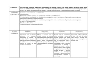 HABILIDADE 6 (EM13CHSA606) Analisar as características socioeconômicas da sociedade brasileira – com base na análise de documentos (dados, tabelas,
mapas etc.) de diferentes fontes – e propor medidas para enfrentar os problemas identificados e construir uma sociedade mais próspera, justa e
inclusiva, que valorize o protagonismo de seus cidadãos e promova o autoconhecimento, a autoestima, a autoconfiança e a empatia.
OBJETOS DE
CONHECIMENTO
Características socioeconômicas da sociedade brasileira;
Autoconhecimento;
Parâmetros de igualdade e equidade e seus significados na construção da sociedade inclusiva;
Os desafios impostos à construção de uma sociedade mais plural e igualitária frente ao individualismo e fragmentação social contemporânea;
Políticas públicas de promoção da inclusão no Brasil;
Os desafios impostos à construção de uma sociedade mais plural e igualitária frente ao individualismo e fragmentação social contemporânea;
As mídias e os movimentos sociais;
Cibercultura e Aldeia global;
O ordenamento jurídico como garantidor de direitos.
OBJETOS
ESPECÍFICOS
HISTÓRIA GEOGRAFIA FILOSOFIA SOCIOLOGIA
Entendimento sobre os diferentes
parâmetros de igualdade,
oportunidade e equidade na
sociedade brasileira a partir de
dados socioeconômicos, discutindo
os problemas e as possíveis
soluções no sentido de uma
sociedade mais inclusiva.
Reflexão e discussão sobre a
sociedade brasileira, sua trajetória
espaço-temporal e seu atual contexto
histórico-social a partir da análise de
diversas fontes informacionais
objetivando a promoção da empatia
e da solidariedade entre os cidadãos
brasileiros.
"Reflexão sobre as características
sociais, econômicas e políticas da
sociedade brasileira para pensar
problemas filosóficos frequentes na
etapa da adolescência, como a
solidão, a amizade, o amor, a
espiritualidade, a morte, a família, os
conflitos/guerra, a liberdade, a
felicidade, a verdade, a justiça, a
beleza, o corpo, os sonhos, a alegria,
a preguiça, o consumo, da mídia, da
sociedade de massa e a inovações
científicas e tecnológicas,
fomentando o equilíbrio emocional,
autoconhecimento, autoestima e
autoconfiança.
Compreensão, tradução e distinção
do papel e do poder das mídias,
como inovação, discutindo seus
impactos positivos e negativos na
sociedade atual.
 