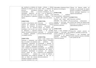 que interferem na dinâmica de
fenômenos da natureza e/ou de
processos tecnológicos,
considerando dados e
informações disponíveis em
diferentes mídias, com ou sem o
uso de dispositivos e aplicativos
digitais.
(EMIFCNT02)
Levantar e testar hipóteses sobre
variáveis que interferem na
dinâmica de fenômenos da
natureza e/ou de processos
tecnológicos, com ou sem o uso
de dispositivos e aplicativos
digitais, utilizando procedimentos
e linguagens adequados à
investigação científica.
(EMIFCNT03)
Selecionar e sistematizar, com
base em estudos e/ou pesquisas
(bibliográfica, exploratória, de
campo, experimental etc.) em
fontes confiáveis, informações
sobre a dinâmica dos fenômenos
da natureza e/ou de processos
tecnológicos, identificando os
diversos pontos de vista e
posicionando-se mediante
argumentação, com o cuidado de
citar as fontes dos recursos
utilizados na pesquisa e buscando
apresentar conclusões com o uso
fruição, vivências e reflexão
crítica sobre a dinâmica dos
fenômenos naturais e/ou de
processos tecnológicos, com ou
sem o uso de dispositivos e
aplicativos digitais (como
softwares de simulação e de
realidade virtual, entre outros).
(EMIFCNT05)
Selecionar e mobilizar
intencionalmente recursos
criativos relacionados às
Ciências da Natureza para
resolver problemas reais do
ambiente e da sociedade,
explorando e contrapondo
diversas fontes de informação.
(EMIFCNT06)
Propor e testar soluções éticas,
estéticas, criativas e inovadoras
para problemas reais,
considerando a aplicação de
design de soluções e o uso de
tecnologias digitais,
programação e/ou pensamento
computacional que apoiem a
construção de protótipos,
dispositivos e/ou equipamentos,
com o intuito de melhorar a
qualidade de vida e/ou os
processos produtivos.
relacionadas a fenômenos físicos,
químicos e/ou biológicos.
(EMIFCNT08)
Selecionar e mobilizar
intencionalmente conhecimentos
e recursos das Ciências da
Natureza para propor ações
individuais e/ou coletivas de
mediação e intervenção sobre
problemas socioculturais e
problemas ambientais.
(EMIFCNT09)
Propor e testar estratégias de
mediação e intervenção para
resolver problemas de natureza
sociocultural e de natureza
ambiental relacionados às
Ciências da Natureza.
Ciências da Natureza podem ser
utilizados na concretização de projetos
pessoais ou produtivos, considerando as
diversas tecnologias disponíveis e os
impactos socioambientais.
(EMIFCNT11)
Selecionar e mobilizar
intencionalmente conhecimentos e
recursos das Ciências da Natureza para
desenvolver um projeto pessoal ou um
empreendimento produtivo.
(EMIFCNT12)
Desenvolver projetos pessoais ou
produtivos, utilizando as Ciências da
Natureza e suas Tecnologias para
formular propostas concretas, articuladas
com o projeto de vida.
 