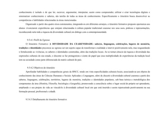 conhecimento é isolado e de que ler, escrever, argumentar, interpretar, assim como compreender, utilizar e criar tecnologias digitais e
sistematizar conhecimento e saberes, são tarefas de todas as áreas de conhecimento. Especificamente o itinerário busca desenvolver as
competências e habilidades relacionadas às áreas mencionadas.
Organizado a partir dos quatro eixos estruturantes, integrando-os em diferentes arranjos, o itinerário formativo proposto oportuniza aos
alunos vivenciarem experiências que estejam relacionadas à cultura popular tradicional cearense nos seus usos, práticas e representações,
reconhecendo nela toda a riqueza da diversidade cultural em diálogo com a contemporaneidade.
9.5.4.1 Perfil do Egresso
O Itinerário Formativo A DIVERSIDADE DA CEARENSIDADE: saberes, linguagens, celebrações, lugares de memória,
tradições e identidades preconiza ao egresso ser um sujeito capaz de transformar a realidade e intervir positivamente nela, mas resguardando
e fortalecendo as vivências, os saberes e identidades construídas, além das tradições locais. Ao se tornar cônscio da riqueza e diversidade das
expressões culturais do seu estado, o discente se faz protagonista e ciente do papel que essa multiplicidade de experiências da tradição local
tem na sociedade como parte diferenciada da matriz cultural do país.
9.5.4.2 Objetivos do itinerário
Aprofundar habilidades e competências gerais da BNCC, tendo em vista especificidades culturais locais, associando-as aos objetos de
conhecimento das áreas de Ciências Humanas e Sociais Aplicadas e Linguagens, além de discutir a diversidade cultural cearense a partir dos
saberes, linguagens, celebrações, territórios, lugares de memória, tradições e identidades populares, sob base teórica e metodológica dos
componentes da área (História, Filosofia, Sociologia e Geografia), promovendo a consciência sobre o lugar social do próprio ser aprendente,
ampliando o seu projeto de vida ao vinculá-lo à diversidade cultural local em que está inserido e assim repercutindo positivamente na sua
formação pessoal, profissional e cidadã.
9.5.4.3 Detalhamento do itinerário formativo
 