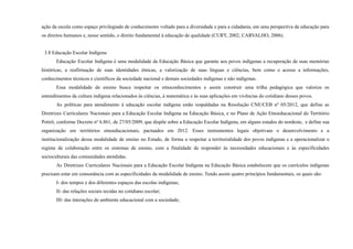 ação da escola como espaço privilegiado de conhecimento voltado para a diversidade e para a cidadania, em uma perspectiva de educação para
os direitos humanos e, nesse sentido, o direito fundamental à educação de qualidade (CURY, 2002; CARVALHO, 2006).
3.8 Educação Escolar Indígena
Educação Escolar Indígena é uma modalidade da Educação Básica que garante aos povos indígenas a recuperação de suas memórias
históricas, a reafirmação de suas identidades étnicas, a valorização de suas línguas e ciências, bem como o acesso a informações,
conhecimentos técnicos e científicos da sociedade nacional e demais sociedades indígenas e não indígenas.
Essa modalidade de ensino busca respeitar os etnoconhecimentos e assim construir uma trilha pedagógica que valorize os
entendimentos da cultura indígena relacionados às ciências, à matemática e às suas aplicações em vivências do cotidiano desses povos.
As políticas para atendimento à educação escolar indígena estão respaldadas na Resolução CNE/CEB nº 05/2012, que define as
Diretrizes Curriculares Nacionais para a Educação Escolar Indígena na Educação Básica, e no Plano de Ação Etnoeducacional do Território
Potirõ, conforme Decreto nº 6.861, de 27/05/2009, que dispõe sobre a Educação Escolar Indígena, em alguns estados do nordeste, e define sua
organização em territórios etnoeducacionais, pactuados em 2012. Esses instrumentos legais objetivam o desenvolvimento e a
institucionalização dessa modalidade de ensino no Estado, de forma a respeitar a territorialidade dos povos indígenas e a operacionalizar o
regime de colaboração entre os sistemas de ensino, com a finalidade de responder às necessidades educacionais e às especificidades
socioculturais das comunidades atendidas.
As Diretrizes Curriculares Nacionais para a Educação Escolar Indígena na Educação Básica estabelecem que os currículos indígenas
precisam estar em consonância com as especificidades da modalidade de ensino. Tendo assim quatro princípios fundamentais, os quais são:
I- dos tempos e dos diferentes espaços das escolas indígenas;
II- das relações sociais tecidas no cotidiano escolar;
III- das interações do ambiente educacional com a sociedade;
 
