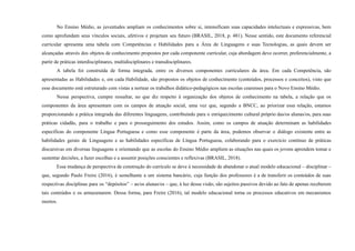 No Ensino Médio, as juventudes ampliam os conhecimentos sobre si, intensificam suas capacidades intelectuais e expressivas, bem
como aprofundam seus vínculos sociais, afetivos e projetam seu futuro (BRASIL, 2018, p. 481). Nesse sentido, este documento referencial
curricular apresenta uma tabela com Competências e Habilidades para a Área de Linguagens e suas Tecnologias, as quais devem ser
alcançadas através dos objetos de conhecimento propostos por cada componente curricular, cuja abordagem deve ocorrer, preferencialmente, a
partir de práticas interdisciplinares, multidisciplinares e transdisciplinares.
A tabela foi construída de forma integrada, entre os diversos componentes curriculares da área. Em cada Competência, são
apresentadas as Habilidades e, em cada Habilidade, são propostos os objetos de conhecimento (conteúdos, processos e conceitos), visto que
esse documento está estruturado com vistas a nortear os trabalhos didático-pedagógicos nas escolas cearenses para o Novo Ensino Médio.
Nessa perspectiva, cumpre ressaltar, no que diz respeito à organização dos objetos de conhecimento na tabela, a relação que os
componentes da área apresentam com os campos de atuação social, uma vez que, segundo a BNCC, ao priorizar essa relação, estamos
proporcionando a prática integrada das diferentes linguagens, contribuindo para o enriquecimento cultural próprio das/os alunas/os, para suas
práticas cidadãs, para o trabalho e para o prosseguimento dos estudos. Assim, como os campos de atuação determinam as habilidades
específicas do componente Língua Portuguesa e como esse componente é parte da área, podemos observar o diálogo existente entre as
habilidades gerais de Linguagens e as habilidades específicas de Língua Portuguesa, colaborando para o exercício contínuo de práticas
discursivas em diversas linguagens e orientando que as escolas do Ensino Médio ampliem as situações nas quais os jovens aprendem tomar e
sustentar decisões, a fazer escolhas e a assumir posições conscientes e reflexivas (BRASIL, 2018).
Essa mudança de perspectiva de construção do currículo se deve à necessidade de abandonar o atual modelo educacional – disciplinar –
que, segundo Paulo Freire (2016), é semelhante a um sistema bancário, cuja função dos professores é a de transferir os conteúdos de suas
respectivas disciplinas para os “depósitos” – as/os alunas/os – que, à luz dessa visão, são sujeitos passivos devido ao fato de apenas receberem
tais conteúdos e os armazenarem. Dessa forma, para Freire (2016), tal modelo educacional torna os processos educativos em mecanismos
mortos.
 