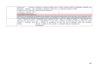 pesquisa/busca previamente
determinada, comparando esses
conteúdos, de forma a compreender
e posicionar-se criticamente sobre
eles e estabelecer recortes precisos.
apresentem os resultados da seleção, leitura e
comparação de informações e dados sobre a
pesquisa previamente determinada.
aspectos: referências; índices de confiabilidade; contradições, erros
ou imprecisões conceituais e de dados.
CAMPO JORNALÍSTICO-MIDIÁTICO
(EM13LP39) Usar procedimentos de checagem de fatos noticiados e fotos publicadas (verificar/avaliar veículo, fonte, data e local da publicação, autoria,
URL, formatação; comparar diferentes fontes; consultar ferramentas e sites checadores etc.), de forma a combater a proliferação de notícias falsas (fake news).
-Leitura e discussão de notícias
falsas (fake news), como forma de
combater a proliferação desse
fenômeno.
- Reelaboração/reescrita colaborativa de fake
news e compartilhamento em redes sociais,
após a utilização de procedimentos de
checagem e apuração de fatos noticiados e
fotos publicadas.
-Análise de elementos linguísticos e multissemióticos que
evidenciam e/ou caracterizam notícias falsas (fake news): veículo,
fonte, data, local da publicação, autoria, URL, formatação,
informações imprecisas e contraditórias etc.
156
 