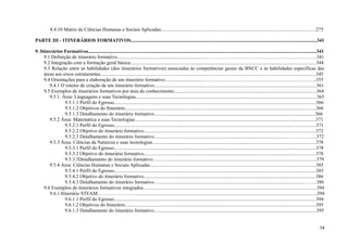 8.4.10 Matriz de Ciências Humanas e Sociais Aplicadas.............................................................................................................................275
PARTE III - ITINERÁRIOS FORMATIVOS......................................................................................................................................................341
9. Itinerários Formativos........................................................................................................................................................................................341
9.1 Definição de itinerário formativo.....................................................................……………………………………………………………341
9.2 Integração com a formação geral básica......................................................................................................................................................344
9.3 Relação entre as habilidades (dos itinerários formativos) associadas às competências gerais da BNCC e às habilidades específicas das
áreas aos eixos estruturantes..............................................................................................................................................................................345
9.4 Orientações para a elaboração de um itinerário formativo...............................…………………………………………………………...355
9.4.1 O roteiro de criação de um itinerário formativo...................................................................................................................................361
9.5 Exemplos de itinerários formativos por área do conhecimento...................................................................................................................364
9.5.1. Área: Linguagens e suas Tecnologias..................................................................................................................................................365
9.5.1.1 Perfil do Egresso...................................................................................................................................................................366
9.5.1.2 Objetivos do Itinerário..........................................................................................................................................................366
9.5.1.3 Detalhamento do itinerário formativo..................................................................................................................................366
9.5.2 Área: Matemática e suas Tecnologias..................................................................................................................................................371
9.5.2.1 Perfil do Egresso...................................................................................................................................................................371
9.5.2.2 Objetivo do itinerário formativo...........................................................................................................................................372
9.5.2.3 Detalhamento do itinerário formativo...........................................................................................................……………....372
9.5.3 Área: Ciências da Natureza e suas tecnologias....................................................................................................................................378
9.5.3.1 Perfil do Egresso...................................................................................................................................................................378
9.5.3.2 Objetivo do itinerário formativo...........................................................................................................................................378
9.5.3.3Detalhamento do itinerário formativo………........................................................................................................................379
9.5.4 Área: Ciências Humanas e Sociais Aplicadas......................................................................................................................................385
9.5.4.1 Perfil do Egresso...................................................................................................................................................................385
9.5.4.2 Objetivo do itinerário formativo...........................................................................................................................................386
9.5.4.3 Detalhamento do itinerário formativo….....................................................................................................................……..386
9.6 Exemplos de itinerários formativos integrados............................................................................................................................................394
9.6.1 Itinerário STEAM…………………….................................................................................................................................................394
9.6.1.1 Perfil do Egresso...................................................................................................................................................................394
9.6.1.2 Objetivos do Itinerário..........................................................................................................................................................395
9.6.1.3 Detalhamento do itinerário formativo...................................................................................................................................395
14
 
