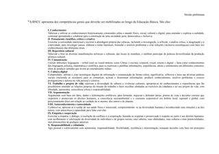 Versão preliminar
28
A BNCC apresenta dez competências gerais que deverão ser mobilizadas ao longo da Educação Básica. São elas:
I. Conhecimento
Valorizar e utilizar os conhecimentos historicamente construídos sobre o mundo físico, social, cultural e digital, para entender e explicar a realidade,
continuar aprendendo e colaborar para a construção de uma sociedade justa, democrática e inclusiva
II. Pensamento científico, crítico e criativo
Exercitar a curiosidade intelectual e recorrer à abordagem própria das ciências, incluindo a investigação, a reflexão, a análise crítica, a imaginação e a
criatividade, para investigar causas, elaborar e testar hipóteses, formular e resolver problemas e criar soluções (inclusive tecnológicas) com base nos
conhecimentos das diferentes áreas.
III. Repertório cultural
Valorizar e fruir as diversas manifestações artísticas e culturais, das locais às mundiais, e também participar de práticas diversificadas da produção
artístico-cultural.
IV. Comunicação
Utilizar diferentes linguagens – verbal (oral ou visual-motora, como Libras, e escrita), corporal, visual, sonora e digital –, bem como conhecimentos
das linguagens artística, matemática e científica, para se expressar e partilhar informações, experiências, ideias e sentimentos em diferentes contextos,
além de produzir sentidos que levem ao entendimento mútuo.
V. Cultura digital
Compreender, utilizar e criar tecnologias digitais de informação e comunicação de forma crítica, significativa, reflexiva e ética nas diversas práticas
sociais (incluindo as escolares) para se comunicar, acessar e disseminar informações, produzir conhecimentos, resolver problemas e exercer
protagonismo e autoria na vida pessoal e coletiva.
VI. Trabalho e projeto de vida valorizar a diversidade de saberes e vivências culturais, apropriar-se de conhecimentos e experiências que lhe
possibilitem entender as relações próprias do mundo do trabalho e fazer escolhas alinhadas ao exercício da cidadania e ao seu projeto de vida, com
liberdade, autonomia, consciência crítica e responsabilidade.
VII. Argumentação
Argumentar com base em fatos, dados e informações confiáveis, para formular, negociar e defender ideias, pontos de vista e decisões comuns que
respeitem e promovam os direitos humanos, a consciência socioambiental e o consumo responsável em âmbito local, regional e global, com
posicionamento ético em relação ao cuidado de si mesmo, dos outros e do planeta.
VIII. Autoconhecimento e autocuidado
Conhecer-se, apreciar-se e cuidar de sua saúde física e emocional, compreendendo- se na diversidade humana e reconhecendo suas emoções e as dos
outros, com autocrítica e capacidade para lidar com elas
IX. Empatia e cooperação
Exercitar a empatia, o diálogo, a resolução de conflitos e a cooperação, fazendo-se respeitar e promovendo o respeito ao outro e aos direitos humanos,
com acolhimento e valorização da diversidade de indivíduos e de grupos sociais, seus saberes, suas identidades, suas culturas e suas potencialidades,
sem preconceitos de qualquer natureza
X. Responsabilidade e cidadania
Agir pessoal e coletivamente com autonomia, responsabilidade, flexibilidade, resiliência e determinação, tomando decisões com base em princípios
 