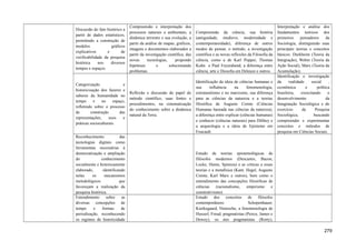 Discussão do fato histórico a
partir de dados estatísticos,
permitindo a construção de
modelos gráficos
explicativos e de
verificabilidade da pesquisa
histórica nos diversos
tempos e espaços.
Compreensão e interpretação dos
processos naturais e ambientais, a
dinâmica terrestre e sua evolução, a
partir da análise de mapas, gráficos,
imagens e documentos elaborados a
partir da investigação científica, das
novas tecnologias, propondo
hipóteses e solucionando
problemas.
Compreensão da ciência, sua história
(antiguidade, medievo, modernidade e
contemporaneidade), diferença de outros
modos de pensar, o método, a investigação
científica e as novas reflexões da Filosofia da
ciência, como a de Karl Popper, Thomas
Kuhn e Paul Feyerabend, a diferença entre
ciência, arte e filosofia em Deleuze e outros.
Interpretação e análise dos
fundamentos teóricos dos
primeiros pensadores da
Sociologia, distinguindo suas
principais teorias e conceitos
básicos: Durkheim (Teoria da
Integração), Weber (Teoria da
Ação Social), Marx (Teoria da
Acumulação).
Categorização e
historicização dos fazeres e
saberes da humanidade no
tempo e no espaço,
refletindo sobre o processo
de construção das
representações, usos e
práticas socioculturais.
Reflexão e discussão do papel do
método científico, suas fontes e
procedimentos, na sistematização
do conhecimento sobre a dinâmica
natural da Terra.
Identificação da ideia de ciências humanas e
sua influência na fenomenologia,
estruturalismo e no marxismo, sua diferença
para as ciências da natureza e a teorias
filosófica de Augusto Comte (Ciências
Humanas baseada nas ciências da natureza),
a diferença entre explicar (ciências humanas)
e conhecer (ciências naturais) para Dilthey e
a arqueologia e a ideia de Episteme em
Foucault.
Identificação e investigação
da realidade social ,
econômica e política
brasileira, exercitando o
desenvolvimento da
Imaginação Sociológica e do
exercício da Pesquisa
Sociológica, buscando
compreender e experimentar
conceitos e métodos de
pesquisa em Ciências Sociais.
Reconhecimento das
tecnologias digitais como
ferramentas necessárias à
democratização e ampliação
do conhecimento
socialmente e historicamente
elaborado, identificando
nelas os mecanismos
metodológicos que
favoreçam a realização da
pesquisa histórica.
Estudo de teorías epistemológicas de
filósofos modernos (Descartes, Bacon,
Locke, Hume, Spinoza) e as críticas a essas
teorias e a metafísica (Kant, Hegel, Augusto
Comte, Karl Marx e outros), bem como o
entendimento das concepções filosóficas de
ciências (racionalismo, empirismo e
construtivismo).
Entendimento sobre as
diversas concepções de
tempo e formas de
periodização, reconhecendo
os regimes de historicidade
Estudo dos conceitos de filósofos
contemporâneos: Schopenhauer,
Kierkegaard, Nietzsche, a fenomenologia de
Husserl, Freud, pragmatistas (Peirce, James e
Dewey), os neo pragmatistas (Rorty),
279
 