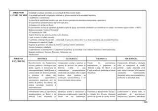 OBJETO DE
CONHECIMENTO
Identidade e tradição autoritária na construção do Brasil como nação;
A sociedade patriarcal e oligárquica colonial na gênese autoritária da sociedade brasileira;
Caudilhismo e coronelismo;
A experiência republicana brasileira em seus diversos períodos de alternância democrática e autoritária;
As experiências antidemocráticas na América Latina;
A ditadura civil militar no Brasil;
Os movimentos sociais de resistência à ditadura (ação da Igreja, movimento estudantil e as resistências no campo, movimento negros unidos, o MST);
Redemocratização, Anistia e Diretas Já;
A Constituição de 1988:
Análise histórica dos períodos políticos pós-ditadura;
Ceará: os novos e velhos coronéis;
Os embates contemporâneos entre a maturidade do processo democrático e as raízes autoritárias da sociedade brasileira;
Democracia e o papel do Estado;
Regimes de governos nos países da América Latina e noutros continentes;
Direitos humanos e cidadania;
O paternalismo, o autoritarismo e o populismo na política, na sociedade e nas culturas brasileira e latino-americana;
Regimes totalitários: Nazismo, Fascismo, Stalinismo, etc;
Antifascismo.
OBJETOS
ESPECÍFICOS
HISTÓRIA GEOGRAFIA FILOSOFIA SOCIOLOGIA
Reconhecimento dos fundamentos
teóricos, políticos e ideológicos que
deram suporte à democracia na
contemporaneidade, identificando e
caracterizando em diversos períodos
a presença de ideais não
democráticos (paternalismo,
autoritarismo, populismo, etc.) no
âmbito da política, da cultura e na
própria sociedade brasileira e
latino-americana.
Compreender, avaliar e analisar os
regimes de governo nos países da
América Latina e suas
consequências socioeconômicas,
construindo um debate sobre o papel
histórico deste processo na
construção socioeconômica e no
desenvolvimento desses países.
Estudo do paternalismo,
autoritarismo e populismo na
América Latina, no Brasil e no
Ceará através de problemas e teorias
filosóficas.
Compreensão, definição e distinção
sobre as concepções de estado,
governo , nação, sociedade civil,
entre outros conceitos relacionados,
construídos historicamente,
discutindo sobre suas contradições e
problemas na sociedade atual.
Entendimento sobre as experiências
antidemocráticas no Brasil e na
América Latin, discutindo as
Identificar, avaliar e caracterizar a
democracia evidenciando o papel do
Estado em sua manutenção,
Examinar as desigualdades sociais e
a violação dos Direitos Humanos
através da questão do caráter formal-
Conhecimento e debate sobre os
significados de autoritarismo,
totalitarismo e ditadura, entendendo
326
 