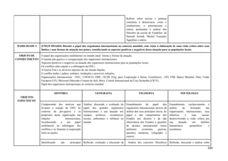 Refletir sobre teorias e práticas
contrárias à democracia, como o
totalitarismo, o autoritarismo e
outros, pontuando a análise dos
filósofos da escola de Frankfurt, de
Hannah Arendt, Michel Foucault,
Agamben e outros.
HABILIDADE 4 (EM13CHSA604) Discutir o papel dos organismos internacionais no contexto mundial, com vistas à elaboração de uma visão crítica sobre seus
limites e suas formas de atuação nos países, considerando os aspectos positivos e negativos dessa atuação para as populações locais.
OBJETO DE
CONHECIMENTO
O papel das organizações multilaterais no mundo atual: limites e formas de atuação;
O mundo pós-guerra e a reorganização dos organismos internacionais;
Aspectos positivos e negativos na atuação dos organismos internacionais para as populações locais;
Os conflitos entre nações e a arbitragem da ONU;
A Guerra Fria e os diversos aspectos de um mundo bipolar;
O conflito árabe x judeus: embates, mediações e possíveis soluções;
Organizações internacionais : ONU, UNESCO, OMC, OCDE (Org. para Cooperação e Desen. Econômico) , OIT, FMI, Banco Mundial, Otan, União
Europeia (UE), Mercosul (Mercado Comum do Sul), Brics, Comitê Internacional da Cruz Vermelha (CICV);
Papel dos organismos internacionais no contexto mundial.
OBJETOS
ESPECÍFICOS
HISTÓRIA GEOGRAFIA FILOSOFIA SOCIOLOGIA
Compreensão dos motivos que
levaram a criação da ONU no
contexto do pós-guerra e os
propósitos desta organização nas
relações internacionais,
reconhecendo o seu papel
multilateral na arbitragem dos
conflitos e no fomento à cooperação
entre as nações.
Análise, discussão e avaliação do
papel dos grandes organismos
internacionais e sua atuação nos
campos políticos, econômicos,
sociais, ambientais e militares no
mundo.
Entendimento do papel dos
organismos internacionais através da
análise dos seus princípios éticos, do
papel e não cumprimento dos
Estados aos direitos e da não
observância dos Estados a questões
de alcance internacional (meio
ambiente, economia, guerras,
questões sanitárias, refugiados e
outros).
Entendimento, esclarecimento e
análise da formação das
organizações internacionais, seus
objetivos e suas causas,
desenvolvendo a visão crítica por
sua atuação em âmbitos
humanístico, geopolítico e
econômico.
Identificação das principais Reflexão, avaliação e discussão da Análise dos conceitos filosóficos Reflexão, discussão e análise sobre
330
 