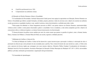Versão preliminar
● O perfil do profissional do séc. XXI;
● Comportamento nos ambientes virtuais.
d) Educação em Direitos Humanos, Gênero e Sexualidade
50
A Coordenadoria da Diversidade e Inclusão Educacional (Codin) possui uma equipe de especialistas em Educação, Direitos Humanos em
Gênero e Sexualidade que elabora e propõe formações, atividades, projetos, palestras e rodas de conversas com o objetivo de construir um ambiente
escolar que promova a igualdade de gênero e seja saudável, amistoso, menos discriminatório e acolhedor para todas e todos.
51
Nesta equipe são debatidos os Temas Integradores previstos na BNCC com pautas relativas aos Direitos Humanos, representatividade,
violência contra a mulher e outras pautas relacionadas a gênero e sexualidade. Com os estudantes, a rede realiza campanhas que têm o objetivo de
conscientizar sobre as violências de gênero e as demais formas de preconceito e/ou discriminação.
52
O desenvolvimento da política ocorre também por meio de eventos anuais que pautam as questões de gênero, como a Semana Janaína
Dutra, a Semana Luís Palhano e a Semana Maria da Penha, nas escolas, regionais e entidades parceiras.
53
e)Mediação de Conflitos e Cultura de Paz
54
A Célula de Mediação de Conflito e Cultura de Paz desenvolve e apoia iniciativas para a prevenção à violência, à valorização da vida e à
promoção da cultura de paz como princípio de uma sociedade justa e pacífica. Para o desenvolvimento das suas iniciativas e ações, a Célula conta
com a parceria de diversos órgãos que comungam com esses mesmos objetivos: Ministério Público Estadual, Coordenadoria de Articulação e
Mediação Social da Vice-Governadoria, Secretarias Municipais de Educação (Células Municipais de Mediação ACT 2017 e 2018), universidades
públicas e privadas, instituições governamentais e organizações não-governamentais.
55
f) Comunidade de Aprendizagem
 
