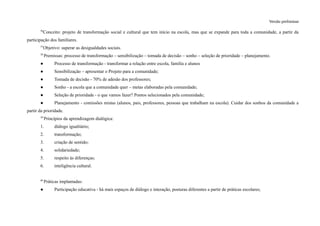 Versão preliminar
56
Conceito: projeto de transformação social e cultural que tem início na escola, mas que se expande para toda a comunidade, a partir da
participação dos familiares.
57
Objetivo: superar as desigualdades sociais.
58
Premissas: processo de transformação – sensibilização – tomada de decisão – sonho – seleção de prioridade – planejamento.
● Processo de transformação - transformar a relação entre escola, família e alunos
● Sensibilização – apresentar o Projeto para a comunidade;
● Tomada de decisão - 70% de adesão dos professores;
● Sonho - a escola que a comunidade quer – metas elaboradas pela comunidade;
● Seleção de prioridade - o que vamos fazer? Pontos selecionados pela comunidade;
● Planejamento - comissões mistas (alunos, pais, professores, pessoas que trabalham na escola). Cuidar dos sonhos da comunidade a
partir da prioridade.
59
Princípios da aprendizagem dialógica:
1. diálogo igualitário;
2. transformação;
3. criação de sentido;
4. solidariedade;
5. respeito às diferenças;
6. inteligência cultural.
60
Práticas implantadas:
● Participação educativa - há mais espaços de diálogo e interação, posturas diferentes a partir de práticas escolares;
 