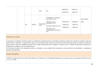 rismo h/a)
EMIFMAT11
EMIFMAT12
EMIFCG11
EMIFCG12
Meio Ambiente
Saúde
8h/a TRILHA
Empreendedo
rismo
Probabilidade no Cotidiano e
nas Ciências. (2 h/a)
Matemática para os
Vestibulares (2 h/a)
Geometria Analítica II (2 h/a)
Matemática para o
Empreendedorismo Social (2
h/a)
EMIFMAT10
EMIFMAT11
EMIFMAT12
EMIFCG10
EMIFCG11
EMIFCG12
Orientações sobre avaliação
A progressão nas Unidades Curriculares poderá ser avaliada pela realização de diversas Atividades de Pesquisa, Experimentos científicos, Seminários, além dos
Testes Escritos e Simulados. A cada semestre, sugere-se que seja desenvolvida uma parte de um Projeto de Intervenção que poderá ser colocado em prática no
último semestre. Podem ser trabalhados pesquisas sobre o papel da Matemática para a cidadania, a inserção social e o trabalho, demonstrando as perspectivas,
profissionais ou acadêmicas, que seu estudo promove.
Ao final deste itinerário, os/as estudantes deverão ser submetidos a uma avaliação final relacionada ao desenvolvimento das habilidades e competências
específicas de Matemática.
Referências bibliográficas
ALMEIDA, Lourdes Maria Werle de; DIAS, Michele Regiane. Um estudo sobre o uso da Modelagem Matemática como estratégia de ensino e aprendizagem. Bolema, Rio Claro,
n. 22, p. 19-35, 2004.
371
 
