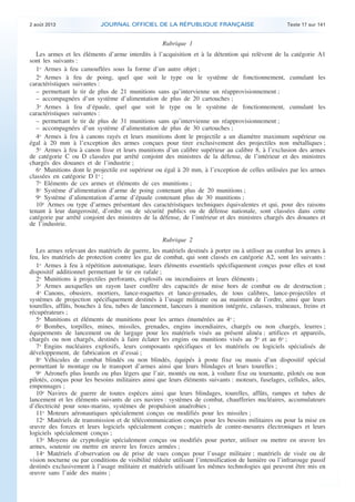 .

2 août 2013

JOURNAL OFFICIEL DE LA RÉPUBLIQUE FRANÇAISE

Texte 17 sur 141

Rubrique 1
Les armes et les éléments d’arme interdits à l’acquisition et à la détention qui relèvent de la catégorie A1
sont les suivants :
1o Armes à feu camouflées sous la forme d’un autre objet ;
2o Armes à feu de poing, quel que soit le type ou le système de fonctionnement, cumulant les
caractéristiques suivantes :
– permettant le tir de plus de 21 munitions sans qu’intervienne un réapprovisionnement ;
– accompagnées d’un système d’alimentation de plus de 20 cartouches ;
3o Armes à feu d’épaule, quel que soit le type ou le système de fonctionnement, cumulant les
caractéristiques suivantes :
– permettant le tir de plus de 31 munitions sans qu’intervienne un réapprovisionnement ;
– accompagnées d’un système d’alimentation de plus de 30 cartouches ;
4o Armes à feu à canons rayés et leurs munitions dont le projectile a un diamètre maximum supérieur ou
égal à 20 mm à l’exception des armes conçues pour tirer exclusivement des projectiles non métalliques ;
5o Armes à feu à canon lisse et leurs munitions d’un calibre supérieur au calibre 8, à l’exclusion des armes
de catégorie C ou D classées par arrêté conjoint des ministres de la défense, de l’intérieur et des ministres
chargés des douanes et de l’industrie ;
6o Munitions dont le projectile est supérieur ou égal à 20 mm, à l’exception de celles utilisées par les armes
classées en catégorie D 1o ;
7o Eléments de ces armes et éléments de ces munitions ;
8o Système d’alimentation d’arme de poing contenant plus de 20 munitions ;
9o Système d’alimentation d’arme d’épaule contenant plus de 30 munitions ;
10o Armes ou type d’armes présentant des caractéristiques techniques équivalentes et qui, pour des raisons
tenant à leur dangerosité, d’ordre ou de sécurité publics ou de défense nationale, sont classées dans cette
catégorie par arrêté conjoint des ministres de la défense, de l’intérieur et des ministres chargés des douanes et
de l’industrie.
Rubrique 2
Les armes relevant des matériels de guerre, les matériels destinés à porter ou à utiliser au combat les armes à
feu, les matériels de protection contre les gaz de combat, qui sont classés en catégorie A2, sont les suivants :
1o Armes à feu à répétition automatique, leurs éléments essentiels spécifiquement conçus pour elles et tout
dispositif additionnel permettant le tir en rafale ;
2o Munitions à projectiles perforants, explosifs ou incendiaires et leurs éléments ;
3o Armes auxquelles un rayon laser confère des capacités de mise hors de combat ou de destruction ;
4o Canons, obusiers, mortiers, lance-roquettes et lance-grenades, de tous calibres, lance-projectiles et
systèmes de projection spécifiquement destinés à l’usage militaire ou au maintien de l’ordre, ainsi que leurs
tourelles, affûts, bouches à feu, tubes de lancement, lanceurs à munition intégrée, culasses, traîneaux, freins et
récupérateurs ;
5o Munitions et éléments de munitions pour les armes énumérées au 4o ;
6o Bombes, torpilles, mines, missiles, grenades, engins incendiaires, chargés ou non chargés, leurres ;
équipements de lancement ou de largage pour les matériels visés au présent alinéa ; artifices et appareils,
chargés ou non chargés, destinés à faire éclater les engins ou munitions visés au 5o et au 6o ;
7o Engins nucléaires explosifs, leurs composants spécifiques et les matériels ou logiciels spécialisés de
développement, de fabrication et d’essai ;
8o Véhicules de combat blindés ou non blindés, équipés à poste fixe ou munis d’un dispositif spécial
permettant le montage ou le transport d’armes ainsi que leurs blindages et leurs tourelles ;
9o Aéronefs plus lourds ou plus légers que l’air, montés ou non, à voilure fixe ou tournante, pilotés ou non
pilotés, conçus pour les besoins militaires ainsi que leurs éléments suivants : moteurs, fuselages, cellules, ailes,
empennages ;
10o Navires de guerre de toutes espèces ainsi que leurs blindages, tourelles, affûts, rampes et tubes de
lancement et les éléments suivants de ces navires : systèmes de combat, chaufferies nucléaires, accumulateurs
d’électricité pour sous-marins, systèmes de propulsion anaérobies ;
11o Moteurs aéronautiques spécialement conçus ou modifiés pour les missiles ;
12o Matériels de transmission et de télécommunication conçus pour les besoins militaires ou pour la mise en
œuvre des forces et leurs logiciels spécialement conçus ; matériels de contre-mesures électroniques et leurs
logiciels spécialement conçus ;
13o Moyens de cryptologie spécialement conçus ou modifiés pour porter, utiliser ou mettre en œuvre les
armes, soutenir ou mettre en œuvre les forces armées ;
14o Matériels d’observation ou de prise de vues conçus pour l’usage militaire ; matériels de visée ou de
vision nocturne ou par conditions de visibilité réduite utilisant l’intensification de lumière ou l’infrarouge passif
destinés exclusivement à l’usage militaire et matériels utilisant les mêmes technologies qui peuvent être mis en
œuvre sans l’aide des mains ;

.

 