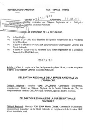 Décret n°2014031 du 28 janvier 2014 portant nomination des délégués régionaux de la délégation générale à la sûreté nationale