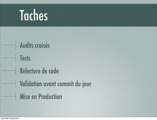 Taches

                       Audits croisés
                       Tests
                       Relecture de code
                       Validation avant commit du jour
                       Mise en Production

mercredi 9 mars 2011
 