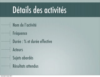 Détails des activités
                       Nom de l’activité
                       Fréquence
                       Durée : % et durée effective
                       Acteurs
                       Sujets abordés
                       Résultats attendus
mercredi 9 mars 2011
 