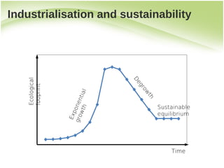 Industrialisation and sustainability
    Ecological




                                D
                                 eg
    fooprint




                                   ro
                       h tial




                                     w
                                    th
                 gro onen




                                         Sustainable
                    wt




                                         equilibrium
                     p
                  Ex




                                             Time
 