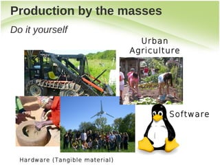 Production by the masses
Do it yourself
                                   Urban
                                 Agriculture




                                         Software




  Hardware (Tangible material)
 
