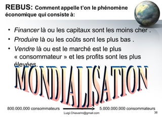 REBUS:  Comment appelle t’on le phénomène économique qui consiste à: Financer  là ou les capitaux sont les moins cher .  Produire  là ou les coûts sont les plus bas . Vendre  là ou est le marché est le plus « consommateur » et les profits sont les plus élevées. [email_address] MONDIALISATION 800.000.000 consommateurs 5.000.000.000 consommateurs 