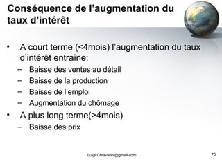 Conséquence de l’augmentation du taux d’intérêt A court terme (<4mois) l’augmentation du taux d’intérêt entraîne: Baisse des ventes au détail Baisse de la production Baisse de l’emploi Augmentation du chômage A plus long terme(>4mois) Baisse des prix [email_address] 