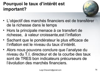 Pourquoi le taux d’intérêt est important? L’objectif des marchés financiers est de transférer de la richesse dans le temps Hors la principale menace à ce transfert de richesse,  à valeur croissante,est l’inflation Sachant que le pondérateur le plus efficace de l’inflation est le niveau du taux d’intérêt. Alors nous pouvons conclure que l’analyse du niveau du T.I. directeur et de la courbe des taux sont de TRES bon indicateurs précurseurs de l’évolution des marchés financiers.  [email_address] 