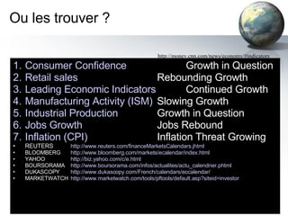 Ou les trouver ? Consumer Confidence   Growth in Question  Retail sales   Rebounding Growth   Leading Economic Indicators   Continued Growth    Manufacturing Activity (ISM)   Slowing Growth Industrial Production   Growth in Question  Jobs Growth   Jobs Rebound Inflation (CPI)   Inflation Threat Growing REUTERS http://www.reuters.com/financeMarketsCalendars.jhtml   BLOOMBERG http://www.bloomberg.com/markets/ecalendar/index.html YAHOO http://biz.yahoo.com/c/e.html BOURSORAMA http://www.boursorama.com/infos/actualites/actu_calendrier.phtml DUKASCOPY http://www.dukascopy.com/French/calendars/eccalendar/ MARKETWATCH  http://www.marketwatch.com/tools/pftools/default.asp?siteid=investor [email_address] http://money.cnn.com/news/economy/#indicators 