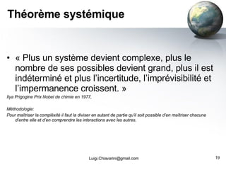 Théorème systémique « Plus un système devient complexe, plus le nombre de ses possibles devient grand, plus il est indéterminé et plus l’incertitude, l’imprévisibilité et l’impermanence croissent. » Ilya Prigogine Prix Nobel de chimie en 1977,  Méthodologie: Pour maîtriser la compléxité il faut la diviser en autant de partie qu’il soit possible d’en maîtriser chacune d’entre elle et d’en comprendre les interactions avec les autres. [email_address] 