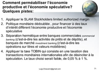 Comment perméabiliser l’économie productive et l’économie spéculative? Quelques pistes: Appliquer le SLAM Stockholders limited authorized margin Politique monétaire dédoublée , pour financer à des taux d’intérêt diffèrent l’économie productive et l’économie spéculative Séparation hermétique entre banques commerciales  commercial banking  (c'est-à-dire les activités de prêts et de dépôts), et banques de marché  investment banking  (c'est-à-dire les opérations sur titres et valeurs mobilières) Appliquer la taxe TOBIN qui consiste en une taxation des transactions monétaires internationales afin de désinciter à la spéculation. Le taux choisi serait faible, de 0,05 % à 1 %. [email_address] 