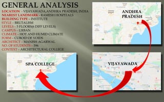 LOCATION - VIJAYAWADA,ANDHRA PRADESH, INDIA
NEAREST LANDMARK - RAMESH HOSPITALS
BUILDING TYPE – INSTITUTE
STYLE – BRUTALISM
LEVELS – 5 FLOORS(6 DIFF LEVELS)
CAMPUS – URBAN
CLIMATE – HOT AND HUMID CLIMATE
FORM – CUBOID OF VOIDS
ARCHITECT – MANISH AGARWAL
NO. OF STUDENTS – 596
CONTEXT – ARCHITECTURAL COLLEGE
ANDHRA
PRADESH
VIJAYAWADASPA COLLEGE
 