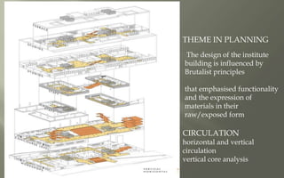 THEME IN PLANNING
The design of the institute
building is influenced by
Brutalist principles
that emphasised functionality
and the expression of
materials in their
raw/exposed form
CIRCULATION
horizontal and vertical
circulation
vertical core analysis
 