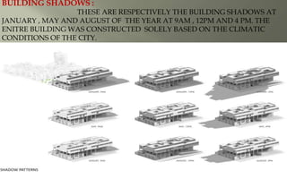 BUILDING SHADOWS :
THESE ARE RESPECTIVELY THE BUILDING SHADOWS AT
JANUARY , MAY AND AUGUST OF THE YEAR AT 9AM , 12PM AND 4 PM. THE
ENITRE BUILDING WAS CONSTRUCTED SOLELY BASED ON THE CLIMATIC
CONDITIONS OF THE CITY.
 