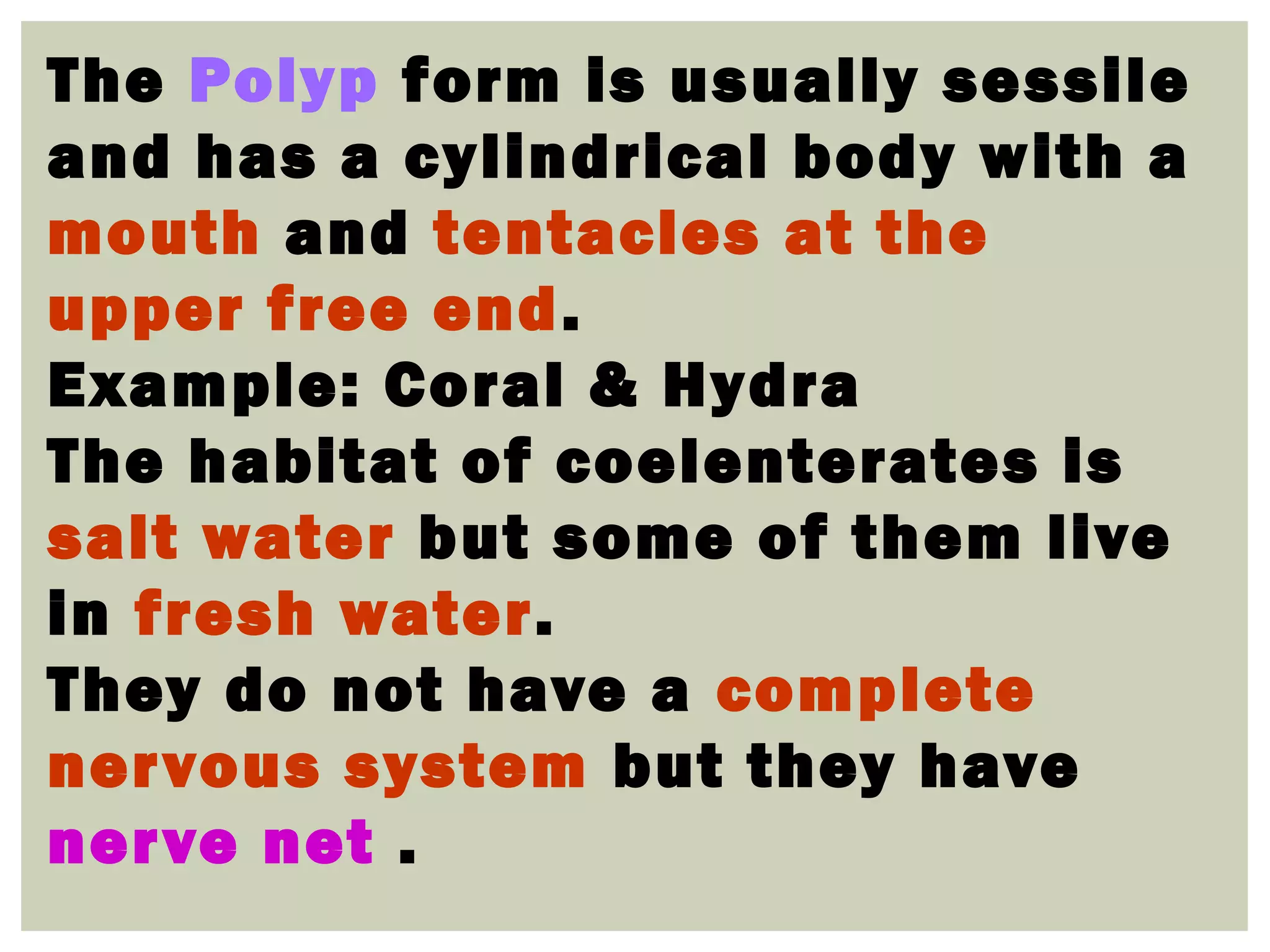 The Polyp form is usually sessile
and has a cylindrical body with a
mouth and tentacles at the
upper free end.
Example: Coral & Hydra
The habitat of coelenterates is
salt water but some of them live
in fresh water.
They do not have a complete
nervous system but they have
nerve net .
 