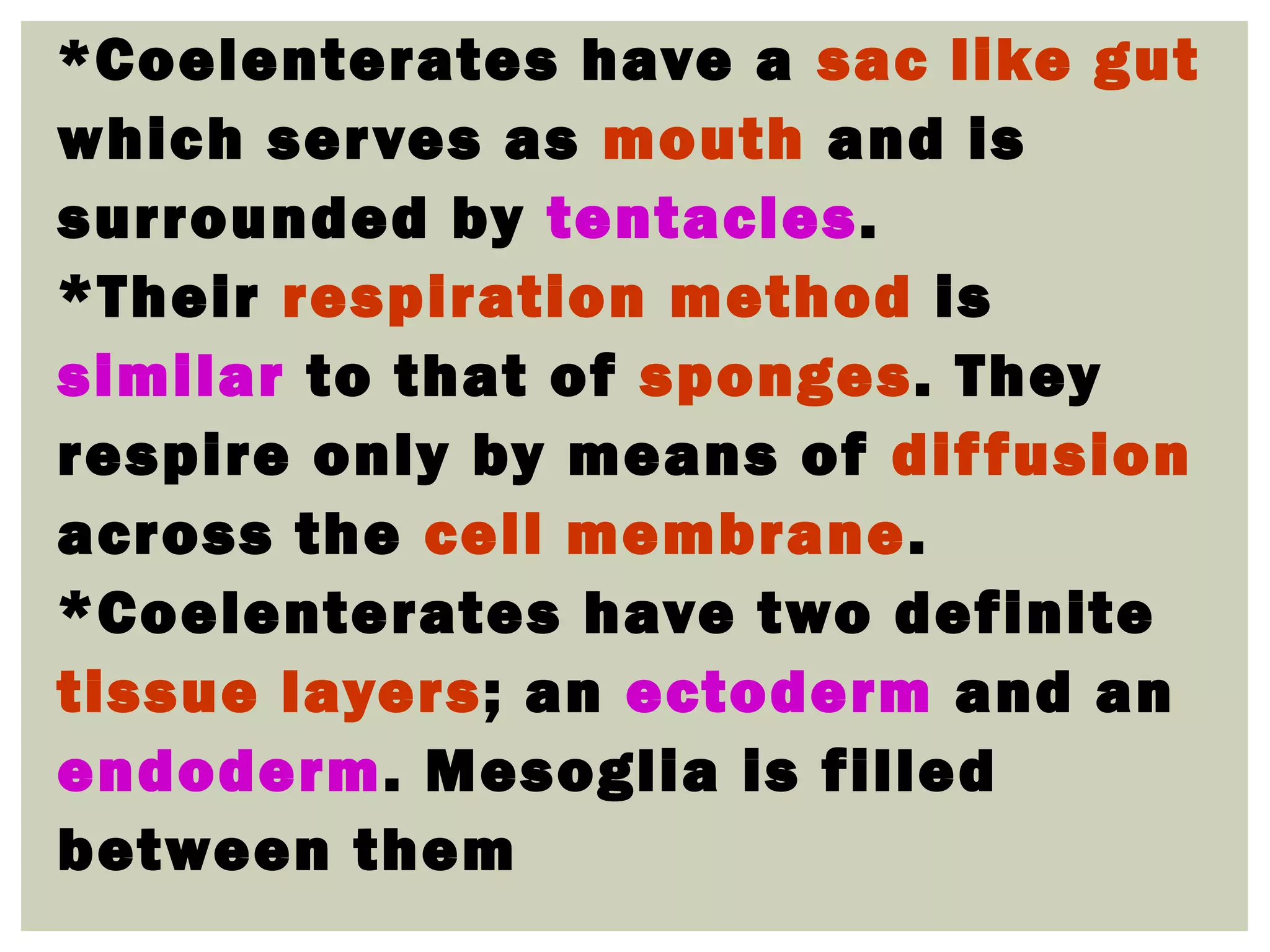 *Coelenterates have a sac like gut
which serves as mouth and is
surrounded by tentacles.
*Their respiration method is
similar to that of sponges. They
respire only by means of diffusion
across the cell membrane.
*Coelenterates have two definite
tissue layers; an ectoderm and an
endoderm. Mesoglia is filled
between them
 